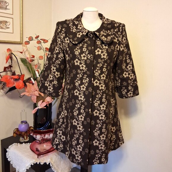 NEW Women’s Elegant Pea Coat Brown Cream Floral Lined Trench Coat ¾ Sleeve 18 XL - Picture 5 of 10